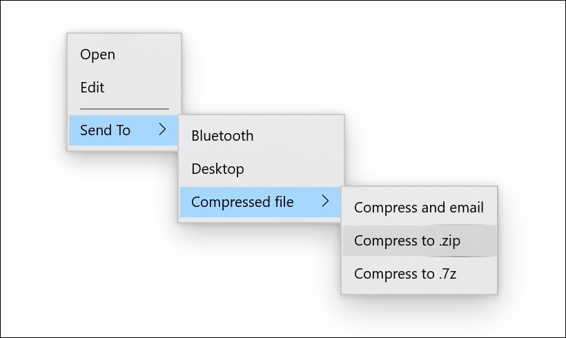 Captura de pantalla de ThemeShadow aplicado a un control MenuFlyout con tres menús anidados abiertos.