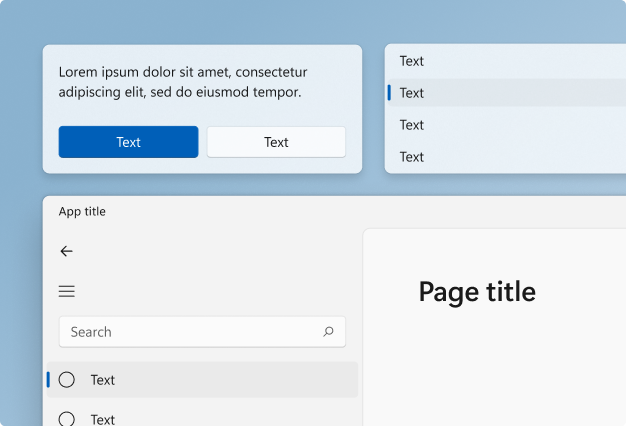 Varios elementos de la interfaz de usuario que resaltan la nueva geometría de Windows 11