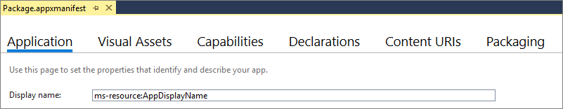 Captura de pantalla del archivo Package.appxmanifest que muestra la pestaña Aplicación con el nombre para mostrar establecido en Nombre para mostrar de la aplicación de recursos de M S.