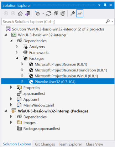 Captura de pantalla de Packages en el Explorador de soluciones de Visual Studio con PInvoke.User32.