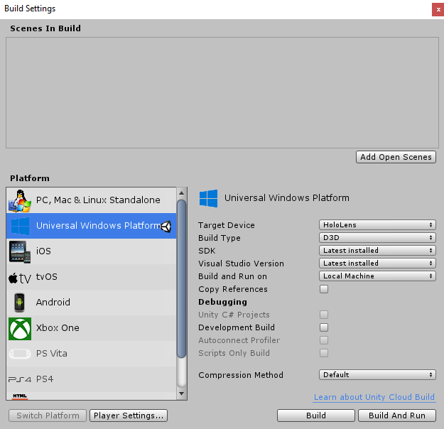 Captura de pantalla que muestra las opciones de configuración de configuración de configuración de la configuración de compilación.