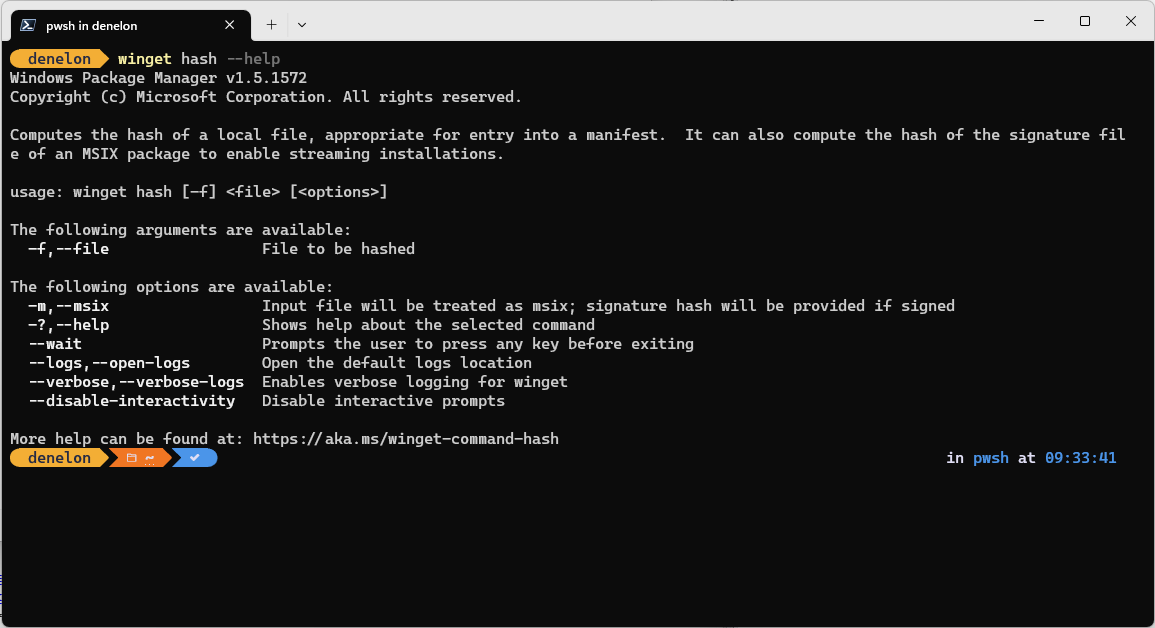 Opciones de ayuda del comando hash de winget