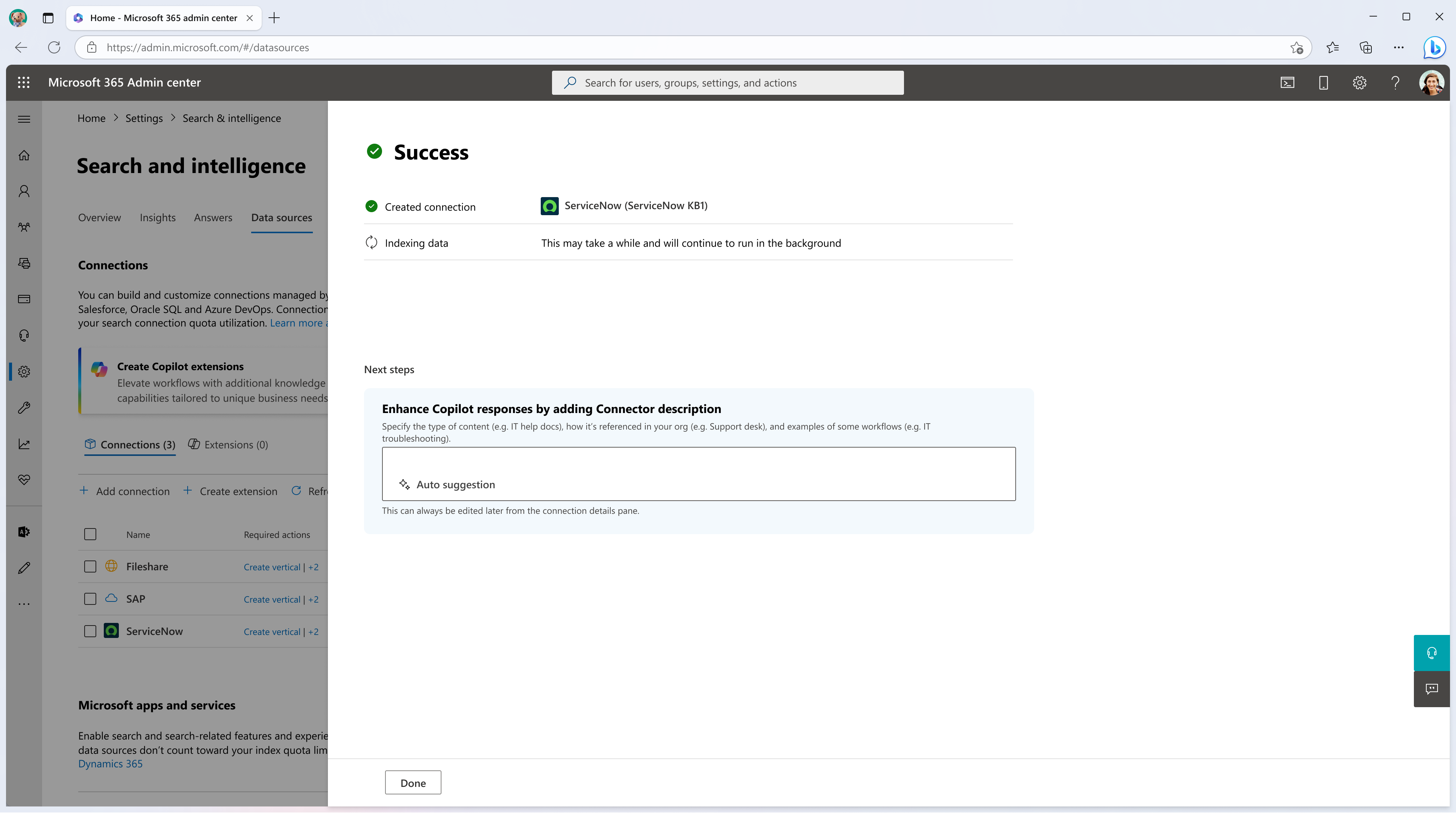 Capture d’écran montrant l’écran de réussite une fois le connecteur Microsoft Graph créé.