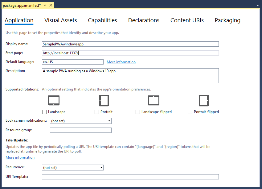 Application panel of package.appxmanifest designer