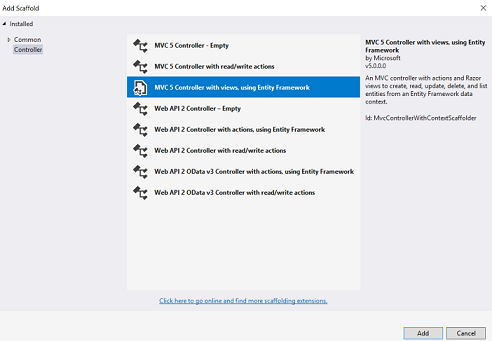 Capture d’écran montrant la boîte de dialogue Ajouter une structure. Contrôleur M V C 5 avec vues, l’utilisation d’Entity Framework est sélectionnée.