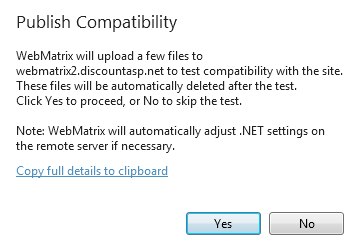 Capture d’écran de la boîte de dialogue Publier la compatibilité avec un message expliquant le test de compatibilité du site invitant à sélectionner le bouton Oui pour continuer.