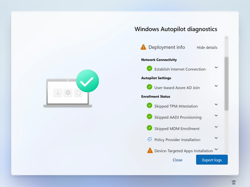 Page des diagnostics Windows Autopilot développée pour afficher les détails.