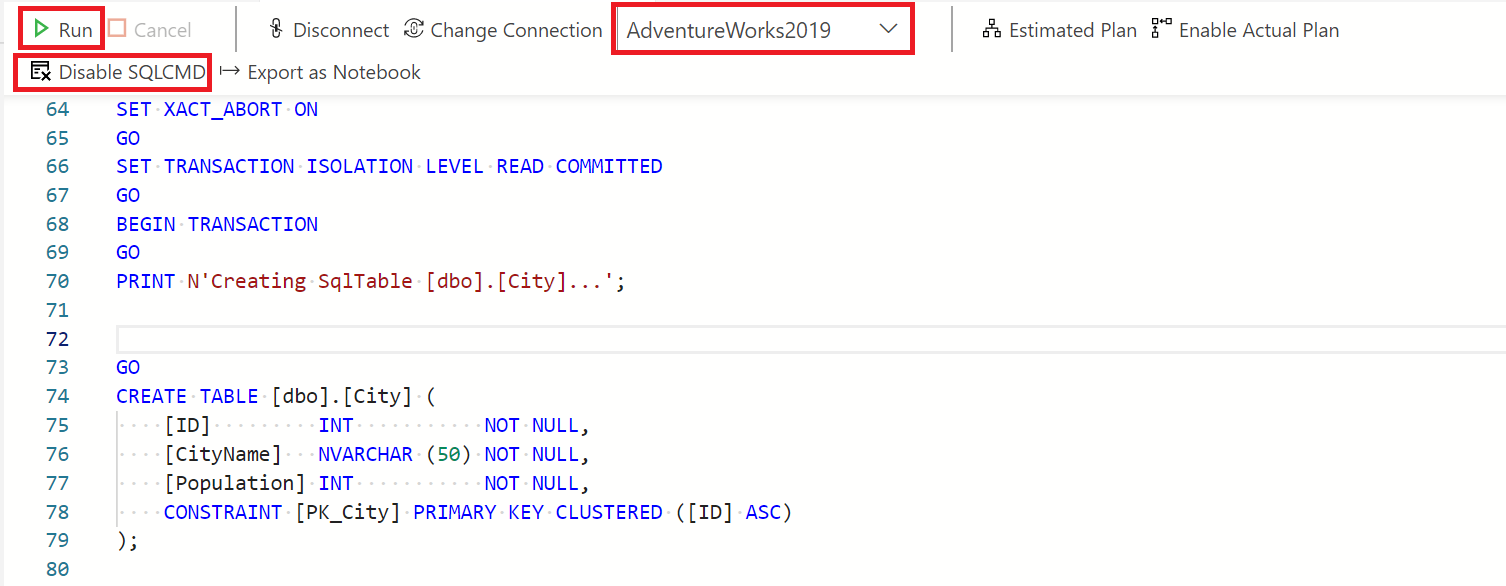 Capture d’écran du Concepteur de tables montrant comment publier des modifications dans la base de données dans l’éditeur de requête à l’aide de l’option SQL CMD.