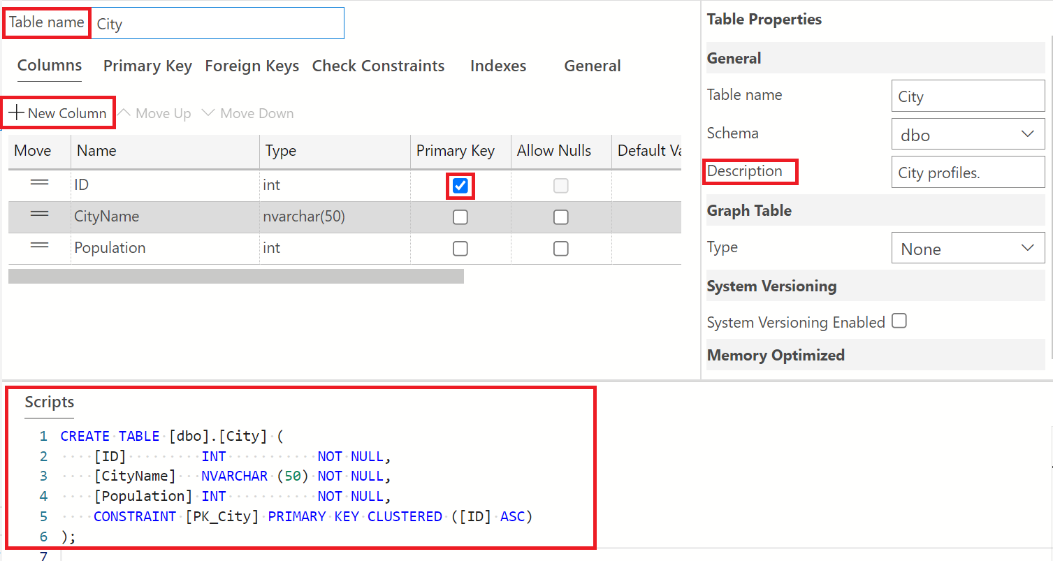 Capture d’écran du Concepteur de tables montrant comment modifier le nom de la table et ajouter une colonne indiquant l’identificateur de clé primaire. Montre également le script T-SQL généré à partir du Concepteur de tables.