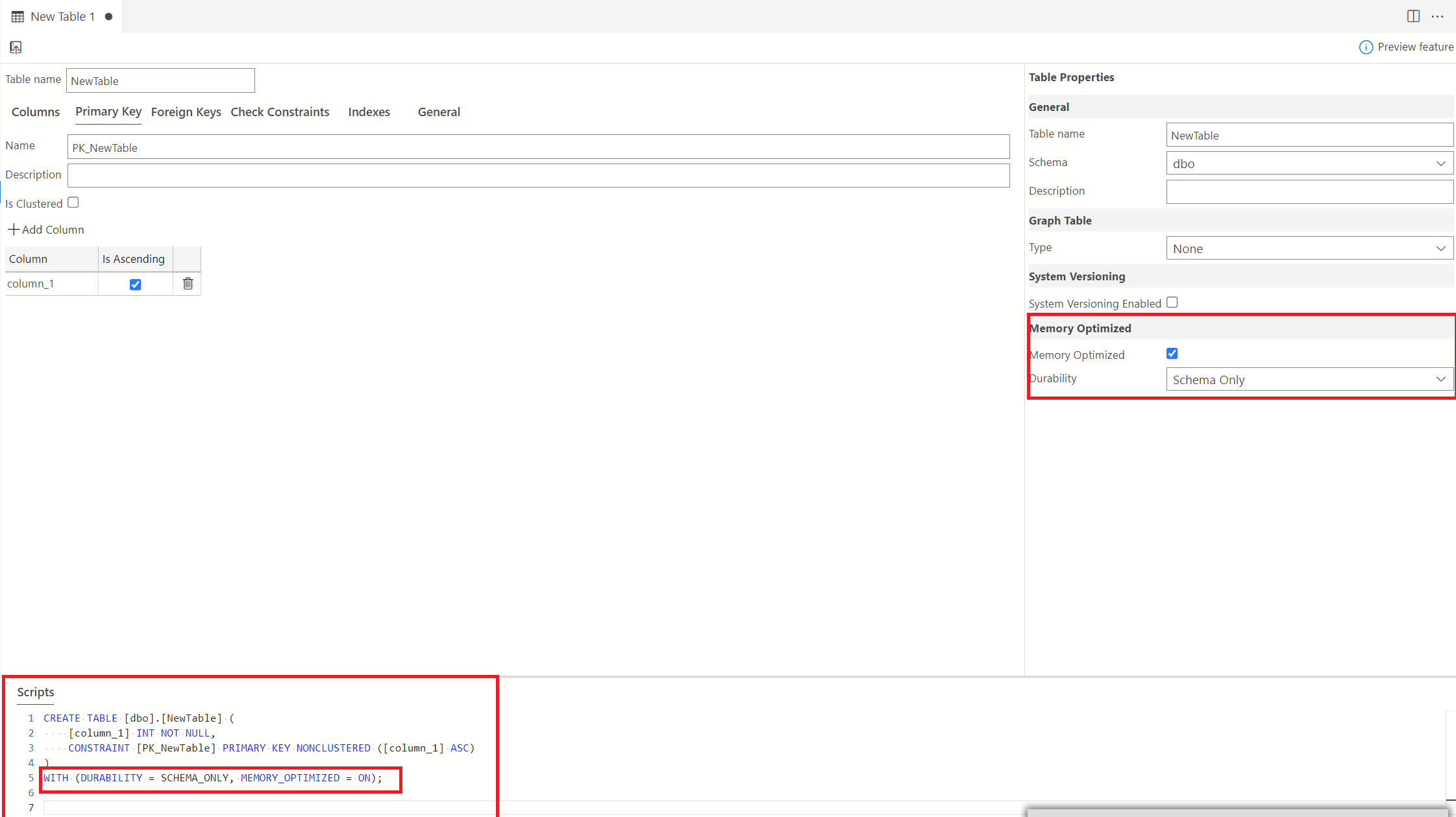 Capture d’écran du concepteur de tables affichant la table à mémoire optimisée avec une configuration Schéma uniquement.