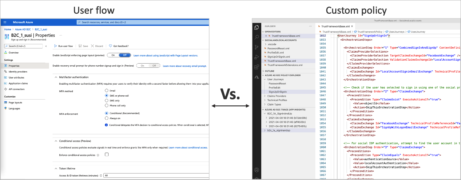 La capture d’écran montre l’interface utilisateur des paramètres de flux d’utilisateurs et les fichiers de configuration de stratégies personnalisées.