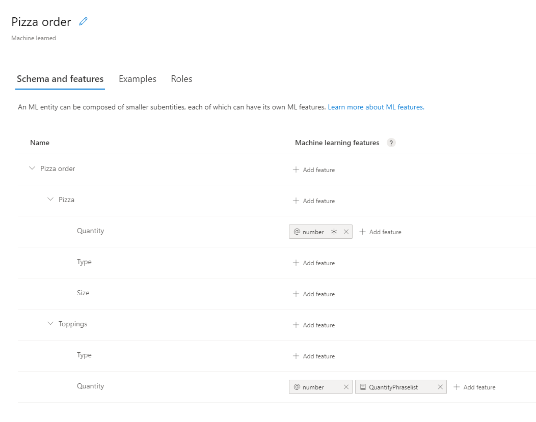 Capture d’écran partielle du portail montrant l’entité créée : une entité de machine learning avec des sous-entités et des fonctionnalités appliquées aux sous-entités « Quantity ».