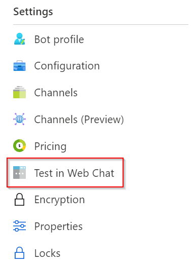 Capture d’écran du bouton d’IU Azure AI Bot Service qui affiche « Test web chat ».