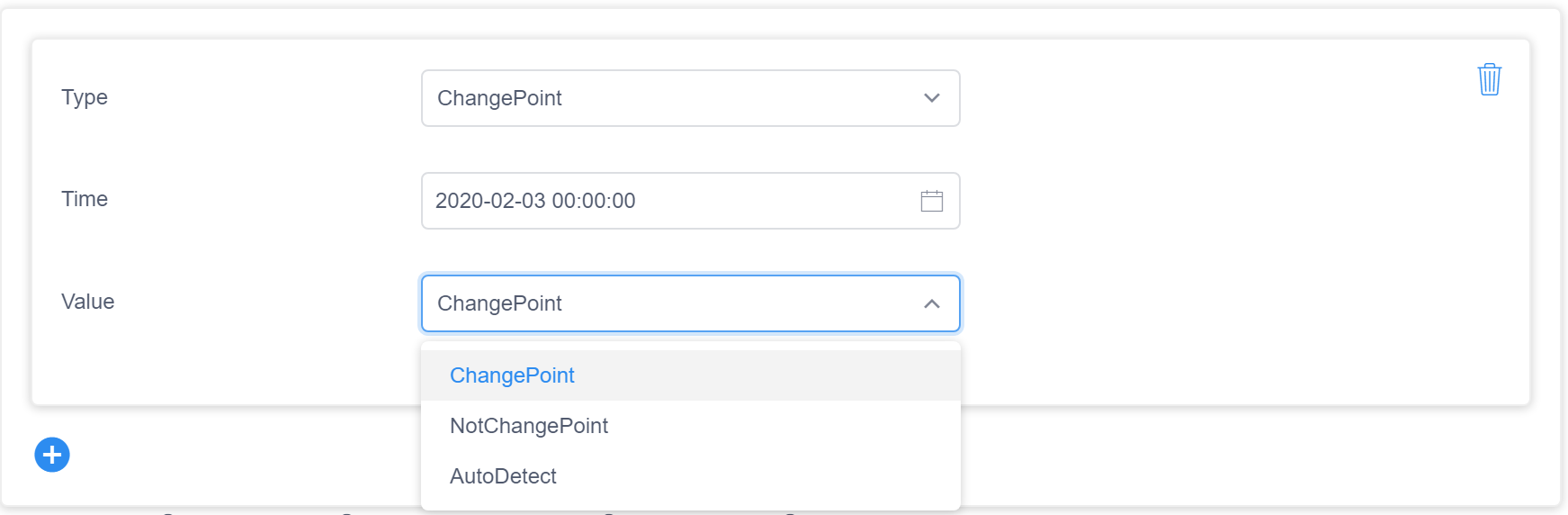 Menu Point de changement avec une liste déroulante contenant les options ChangePoint, NotChangePoint et AutoDetect