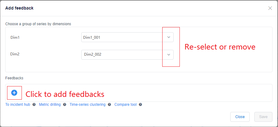 Boîte de dialogue Ajouter des commentaires avec deux dimensions et l’option permettant de sélectionner ou de supprimer des dimensions et d’ajouter des commentaires.