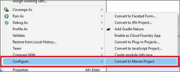 Capture d’écran de l’Explorateur de package et commandes de conversion vers un projet Maven.