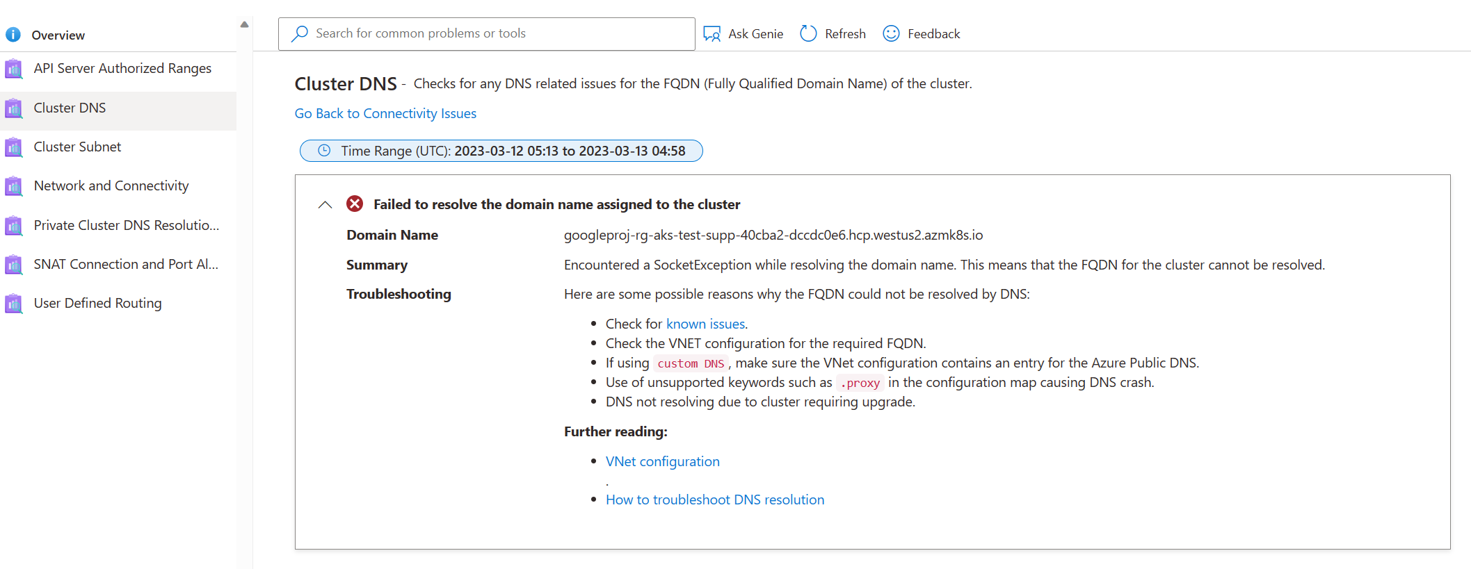 Capture d’écran de la page d’accueil Diagnostique et résolution des problèmes AKS : mise en réseau de cluster DNS.