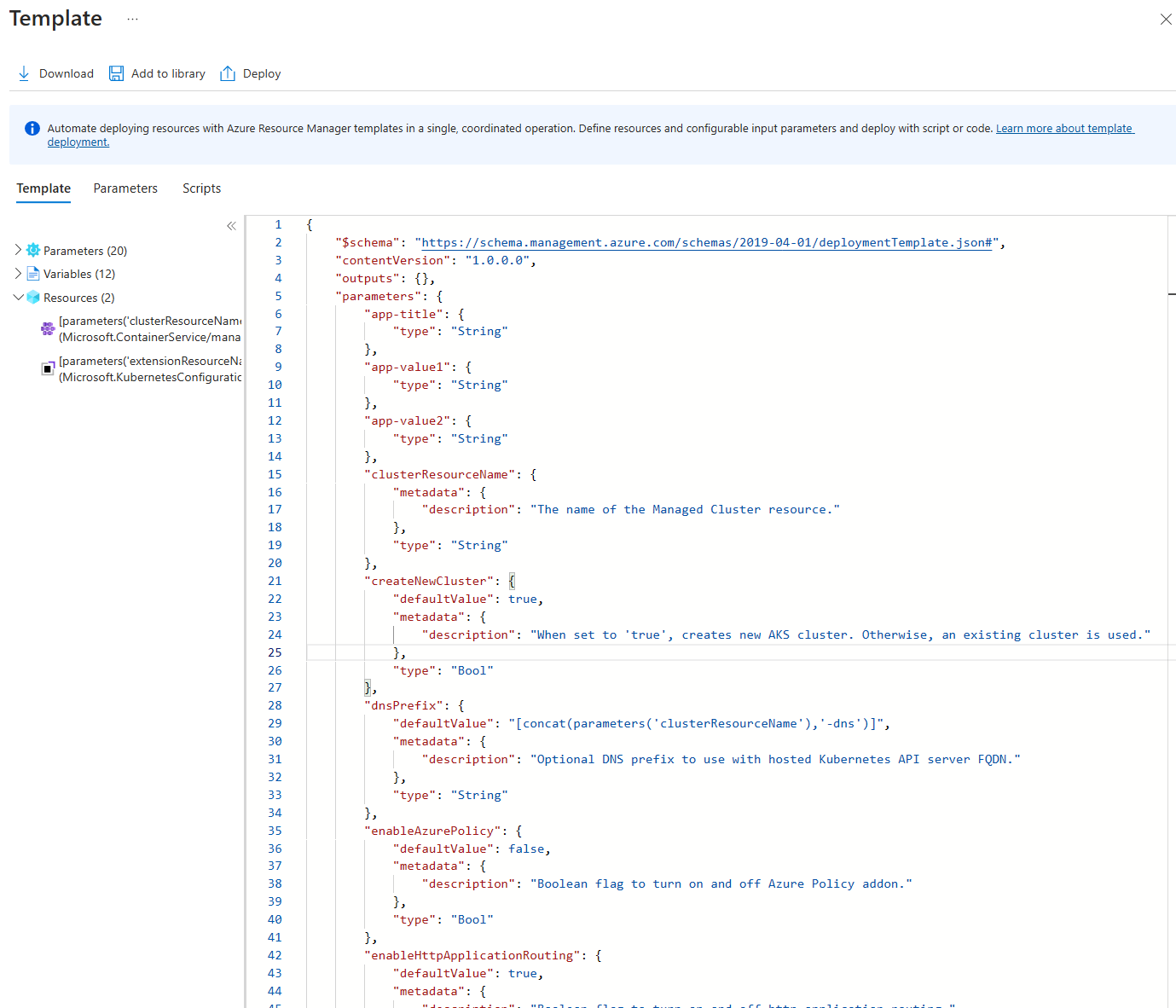 Capture d’écran montrant un modèle ARM pour une application Kubernetes.