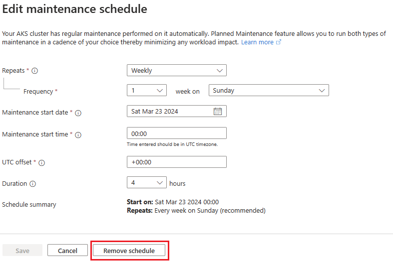 Capture d’écran montrant le volet permettant de modifier une fenêtre de maintenance avec le bouton de suppression d’une planification dans le portail Azure.