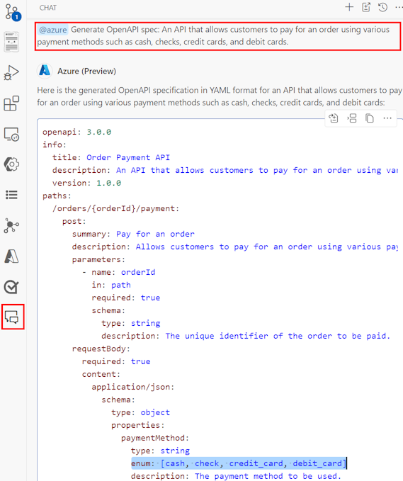 Capture d’écran montrant comment utiliser @azure extension pour générer une spécification OpenAPI à partir d’une requête.