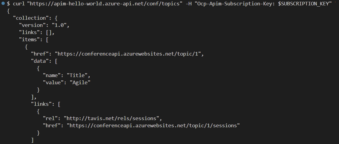 Capture d’écran montrant l’appel du point de terminaison Gestion des API directement à l’aide d’un client HTTP.