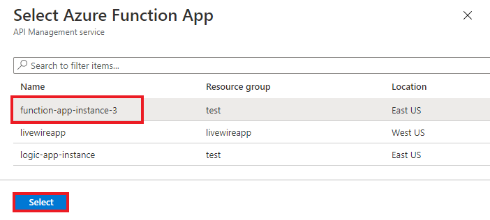 Capture d’écran mettant en évidence l’application de fonction à partir de laquelle vous souhaitez importer des fonctions et le bouton Sélectionner.