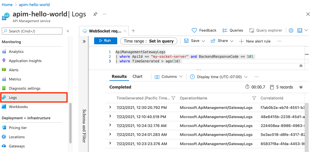 Journaux de requêtes pour les requêtes de l’API WebSocket