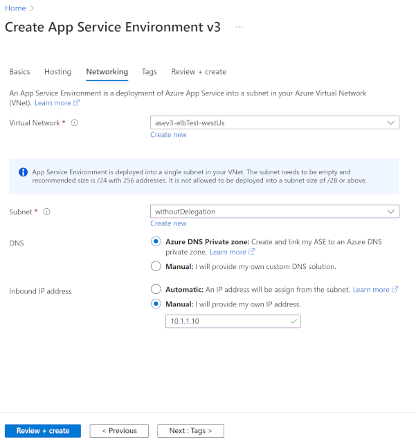 Capture d’écran montrant les sélections de mise en réseau d’un environnement App Service Environment (interne à ASE).