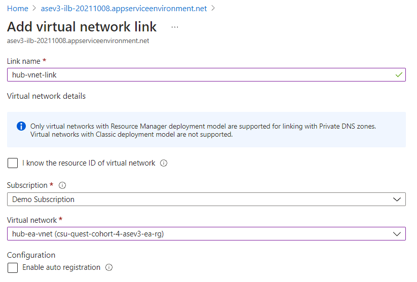 Screenshot of input link name details to virtual network links setting in private DNS zone.