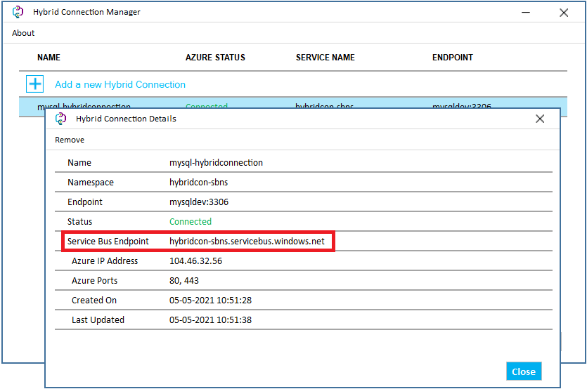 Screenshot of Hybrid Connection Service Bus endpoint.