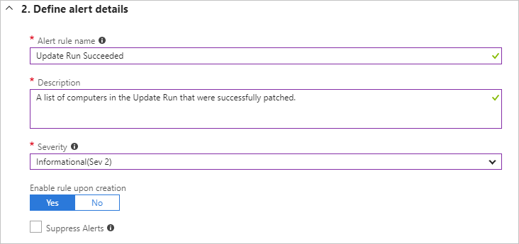 Screenshot shows the Define alert details section with Alert rule name, Description, and Severity fields highlighted.