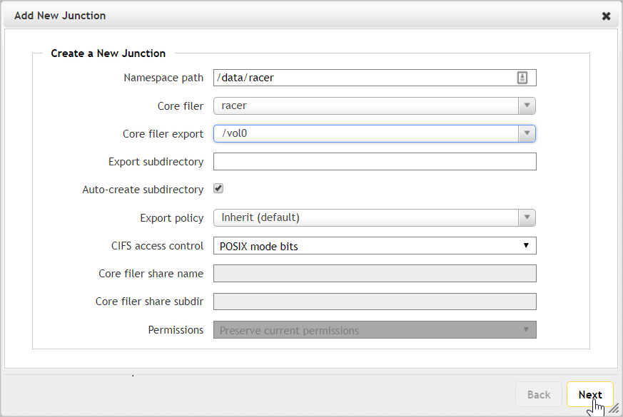 Capture d’écran de la page « Add new junction » (Ajouter une nouvelle jonction) avec les champs renseignés pour la jonction, le système de stockage principal et l’exportation