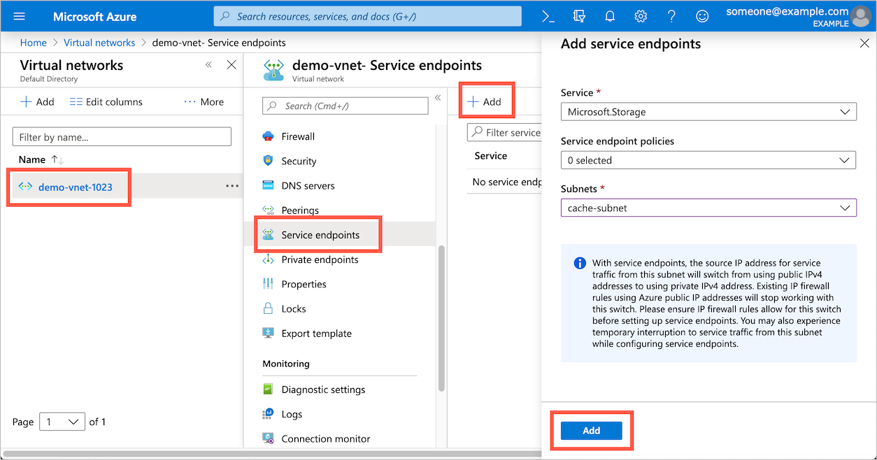 Capture d’écran du portail Azure montrant les étapes de création du point de terminaison de service