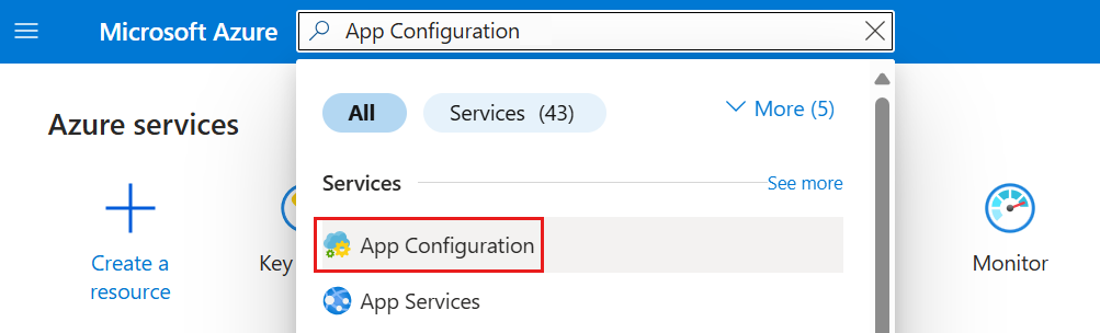 Capture d’écran du portail Azure montrant le service App Configuration dans la barre de recherche.