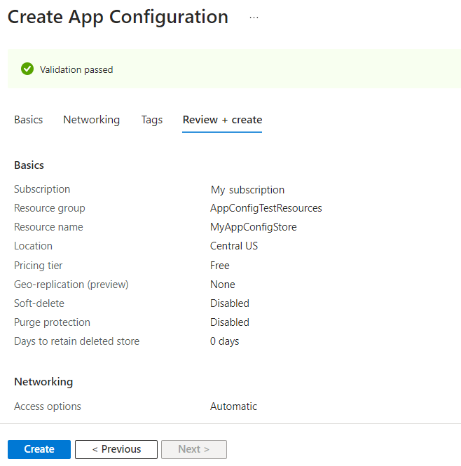 Capture d’écran du portail Azure qui montre les paramètres de configuration de l’onglet Vérifier + créer.