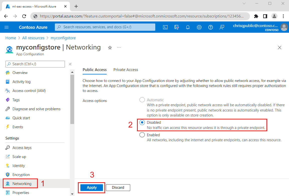 Screenshot of the Azure portal disabling public access.