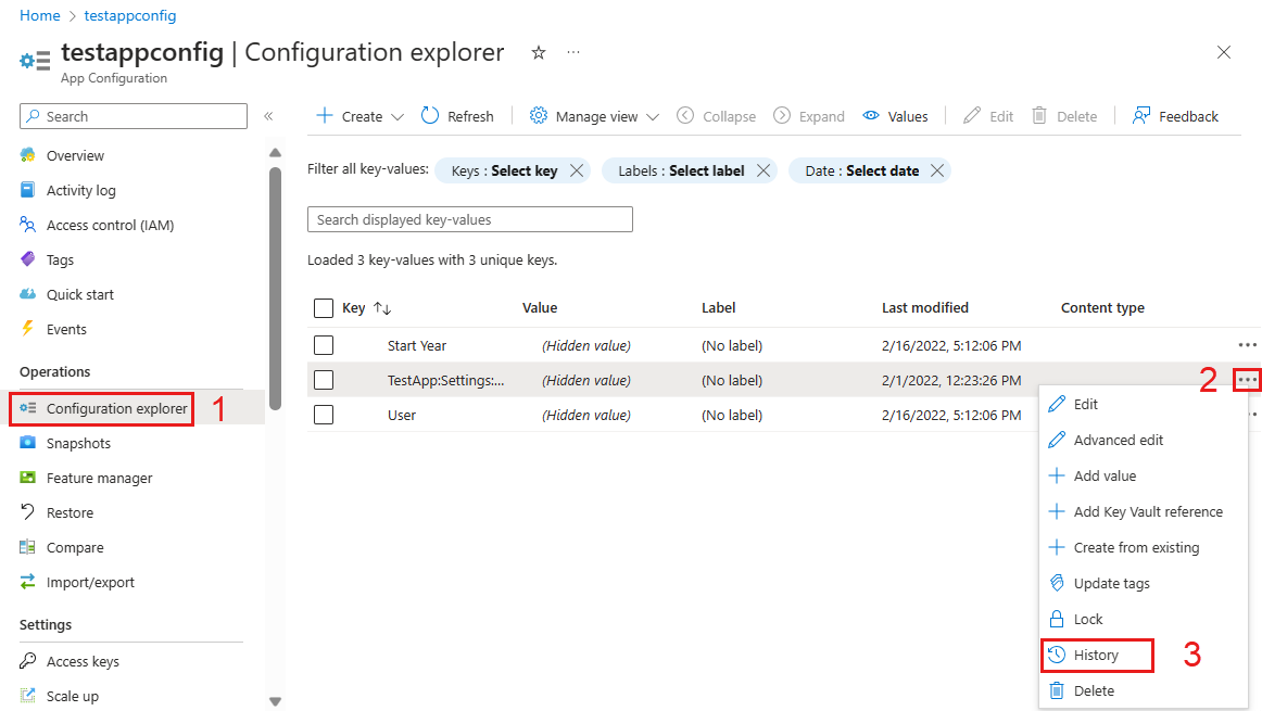 Screenshot of the Azure portal selecting key-value history