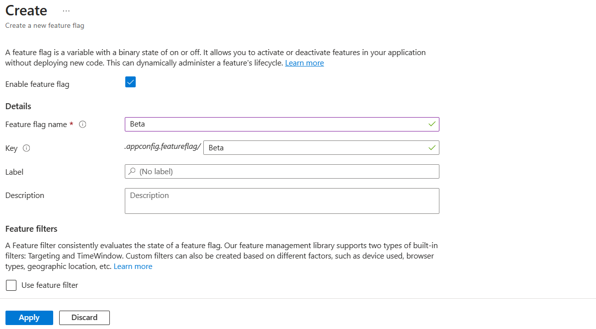 Capture d’écran du portail Azure qui montre les paramètres de configuration pour créer un indicateur de fonctionnalité.