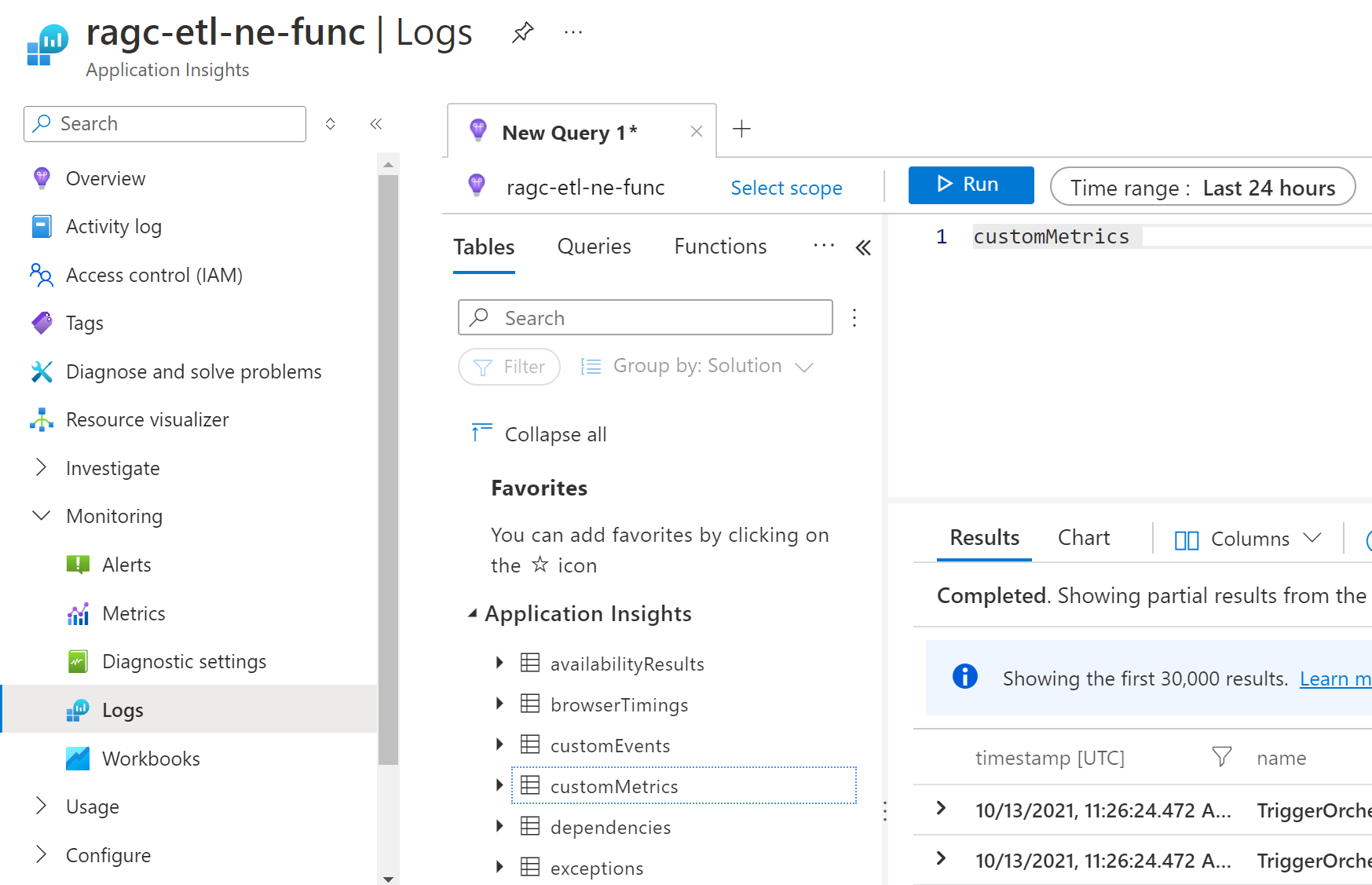 Capture d’écran montrant la télémétrie Host.Aggregator dans la table customMetrics d’Application Insights.