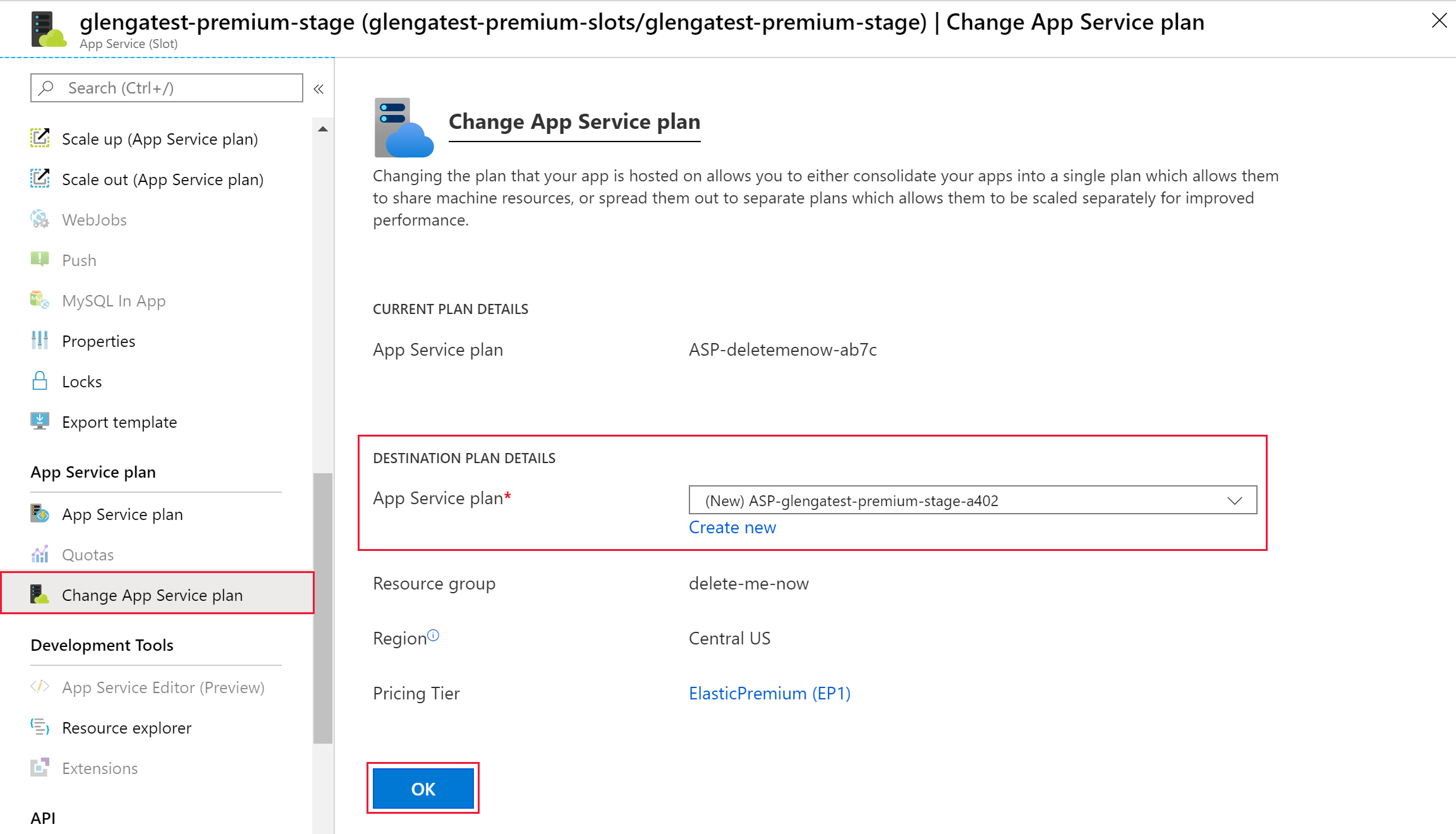 Modification du plan App Service dans le portail Azure.