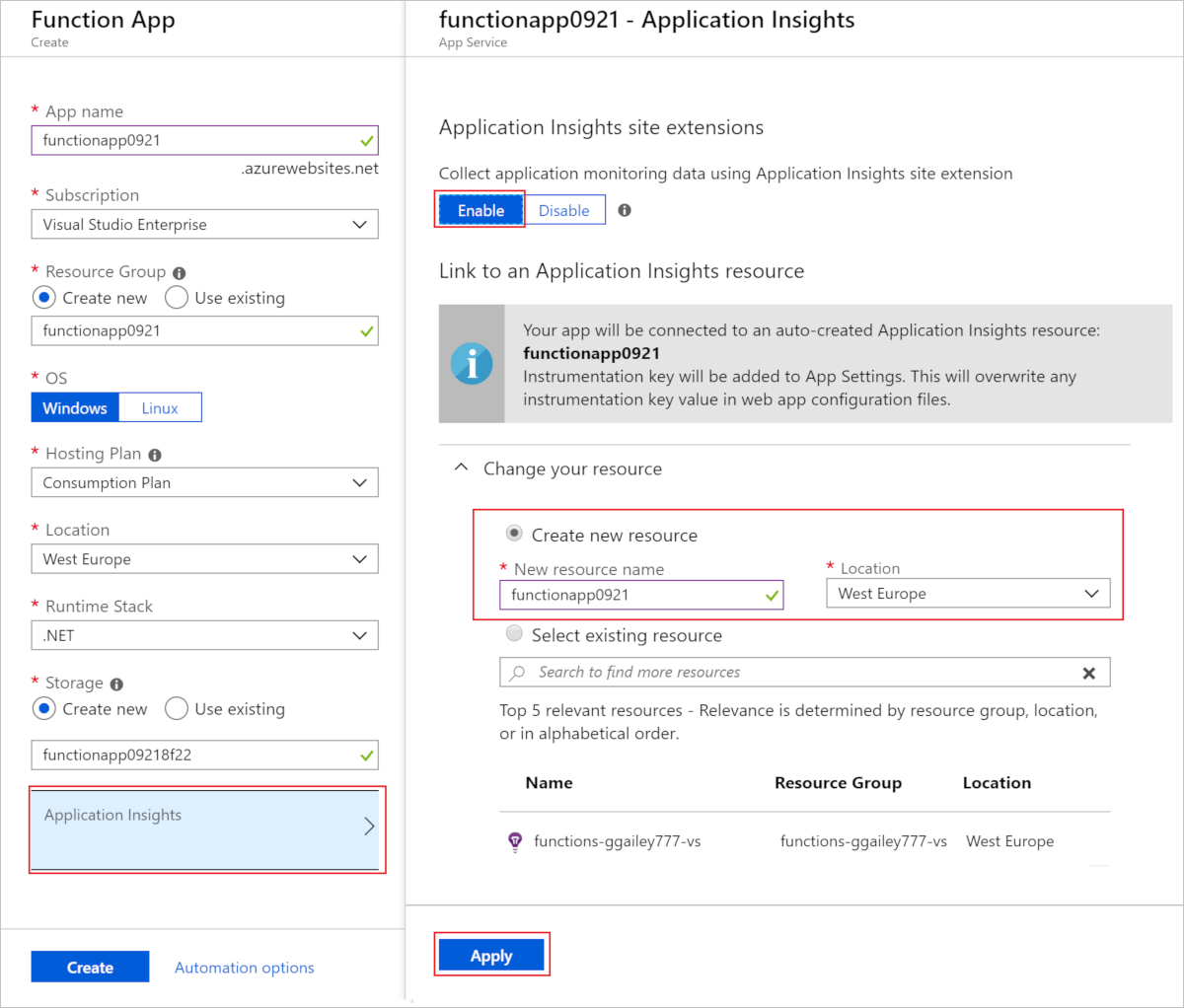 Capture d’écran montrant comment activer Application Insights lors de la création d’une application de fonction.