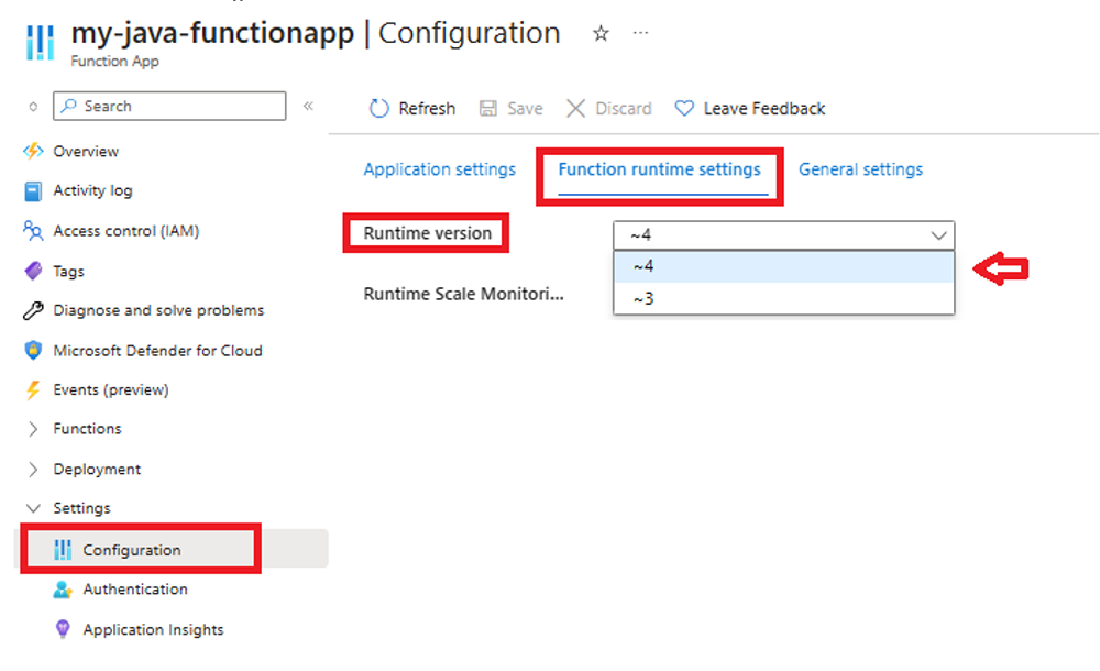 Capture d’écran montrant comment afficher la version de runtime Functions pour votre application dans le Portail Azure.