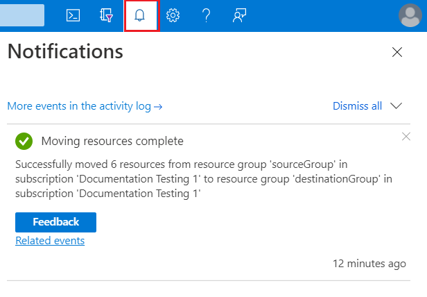 Capture d’écran du portail Azure affichant une notification avec les résultats de l’opération de déplacement.