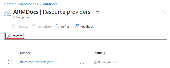 Capture d’écran de la recherche des fournisseurs de ressources dans le portail Azure.