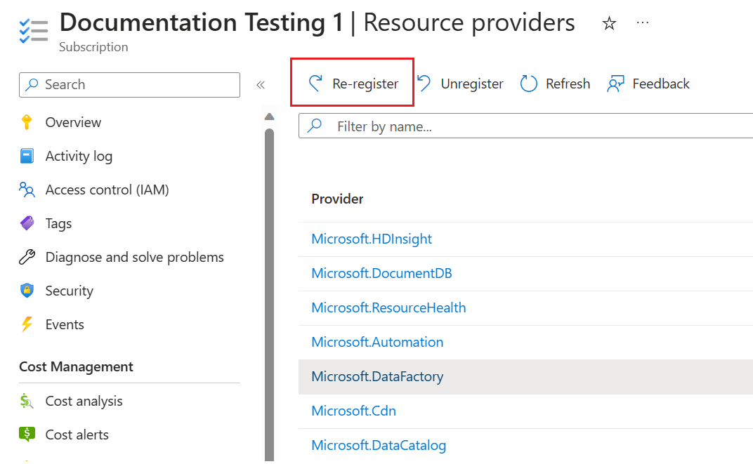 Capture d’écran de la réinscription d’un fournisseur de ressources dans le portail Azure.