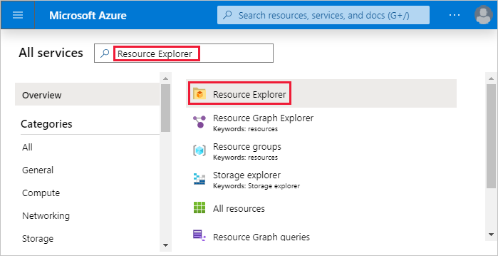 Capture d’écran de la sélection de tous les services dans le portail Azure pour accéder à l’explorateur de ressources.