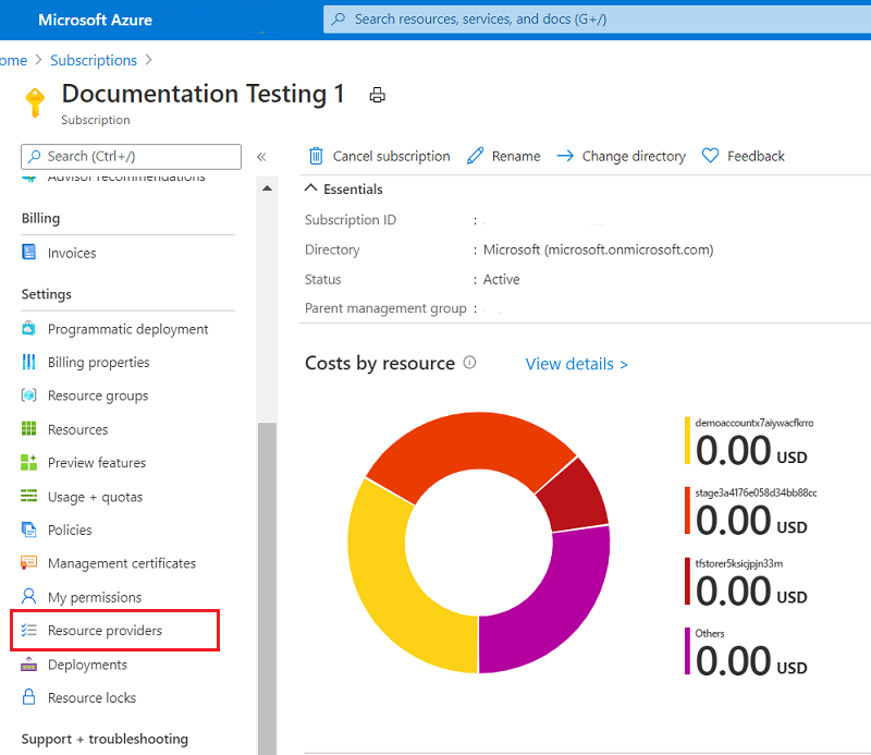 Capture d’écran de la sélection des fournisseurs de ressources dans le portail Azure.