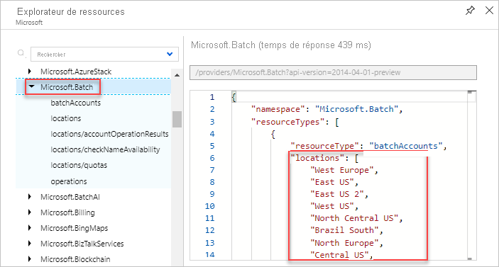 Capture d’écran affichant les emplacements valides d’un type de ressource dans Azure Resource Explorer.