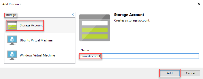 Capture d’écran de la fenêtre Ajouter une nouvelle ressource avec Compte de stockage sélectionné.