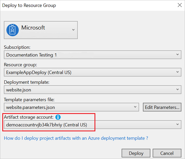 Capture d’écran de la boîte de dialogue Déployer vers un groupe de ressources avec un compte de stockage Artefact sélectionné.